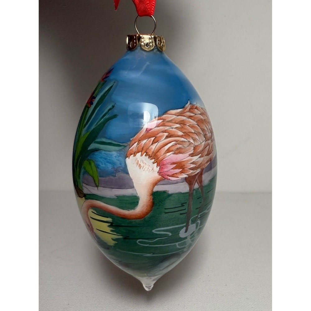 Vintage Pink Flamingo Reverse Painting Glass Ornament Paul Bent Design Florida